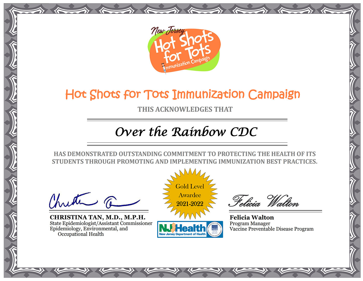 Hot Shots For Tots Certificate
